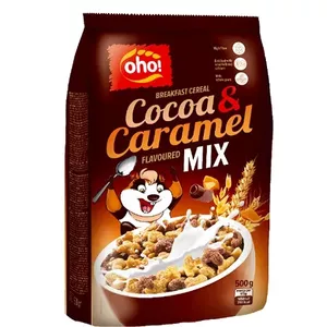 Breakfast cereal OHO Chocolate & Caramel Mix 500 g — chocolate and caramel flakes