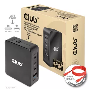 CLUB3D International Travel Charger 140W GaN technology Four port USB Type-A and -C