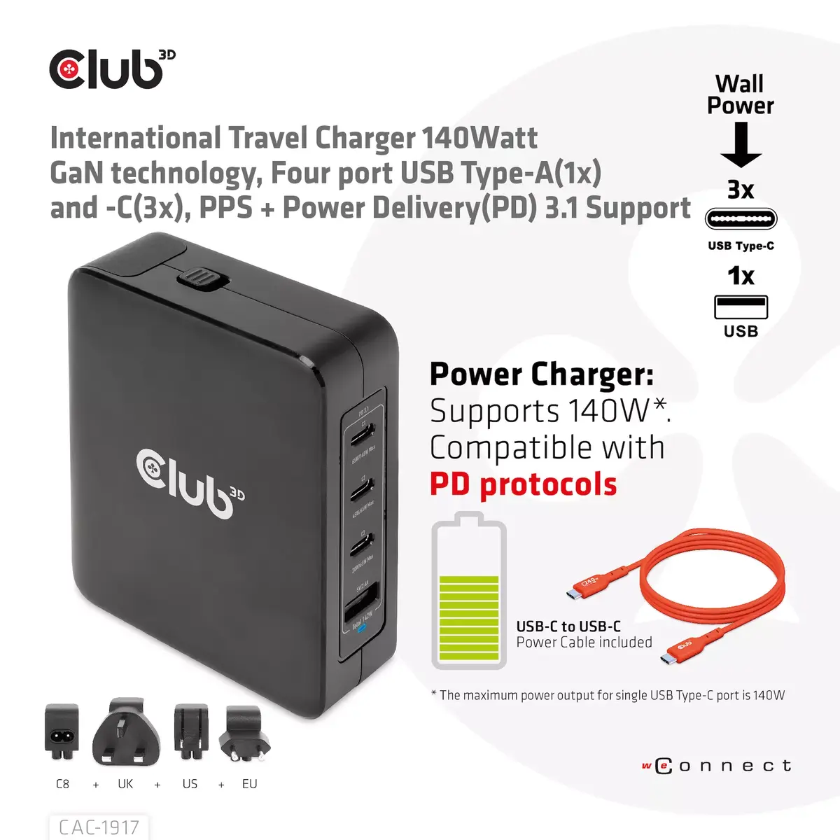 CLUB3D International Travel Charger 140W Photo 2