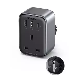 Sienas lādētājs 30W (2xUSB|USB C|AC) | UK - EU adapteris 13A Ugreen CD314 - melns