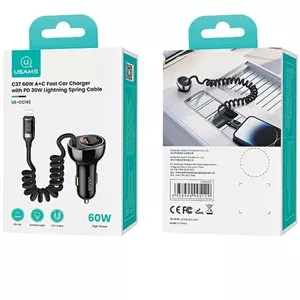 Автомобильное зарядное устройство usams C37 с 1×USB-A и 1×USB-C, 60 Вт