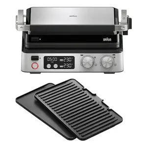 Контактный гриль BRAUN CG 7040 — 2000 Вт, PTFE-покрытие, регулируемый термостат, 365×315×173 мм, нержавеющая сталь/черный