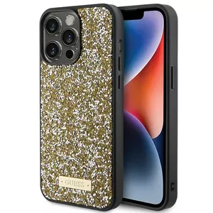 Aizsargvāciņš GUESS Hardcase GUHCP15LPFGSBSD priekš iPhone 15 Pro 6.1" — dzeltens ar strazdiem un metāla logotipu