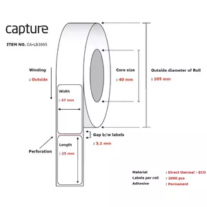 Printeru etiķete Capture CA-LB3065 Balta Rullis 2000 etiķetes