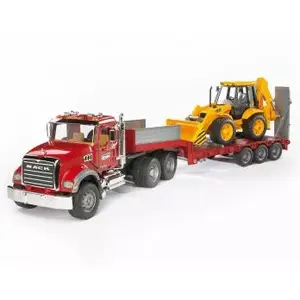 Rotaļu zemās piekabes kravas automašīna ar JCB 4CX, BRUDER, modelis BR-02813, ABS konstrukcija, daudzkrāsains