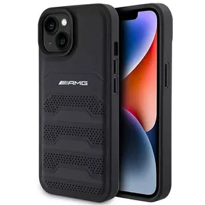 AMG AMHCP15MGSEBK iPhone 15 Plus 6,7" melns | melns cietais futrālis Āda ar reljefu un līnijām