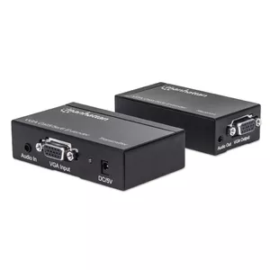 Manhattan VGA Cat5/5e/6 Extender, Extends video and audio signals up to 300m (With Euro 2-pin plug), Black, Three Year Warranty, Box