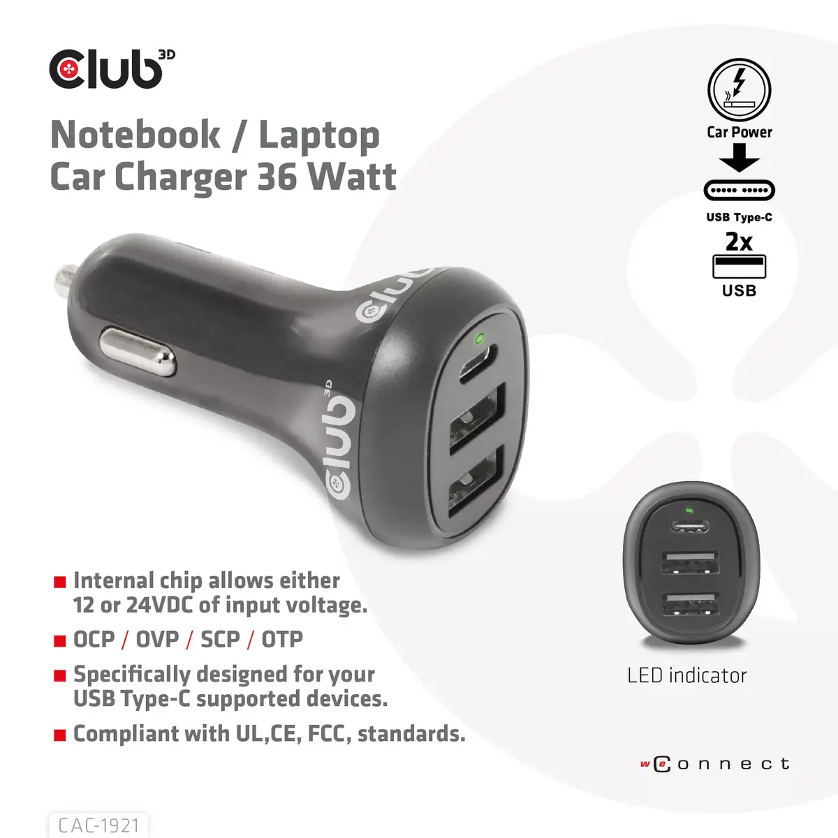 Notebook Car Charger CLUB3D CAC-1921 36W Photo 2