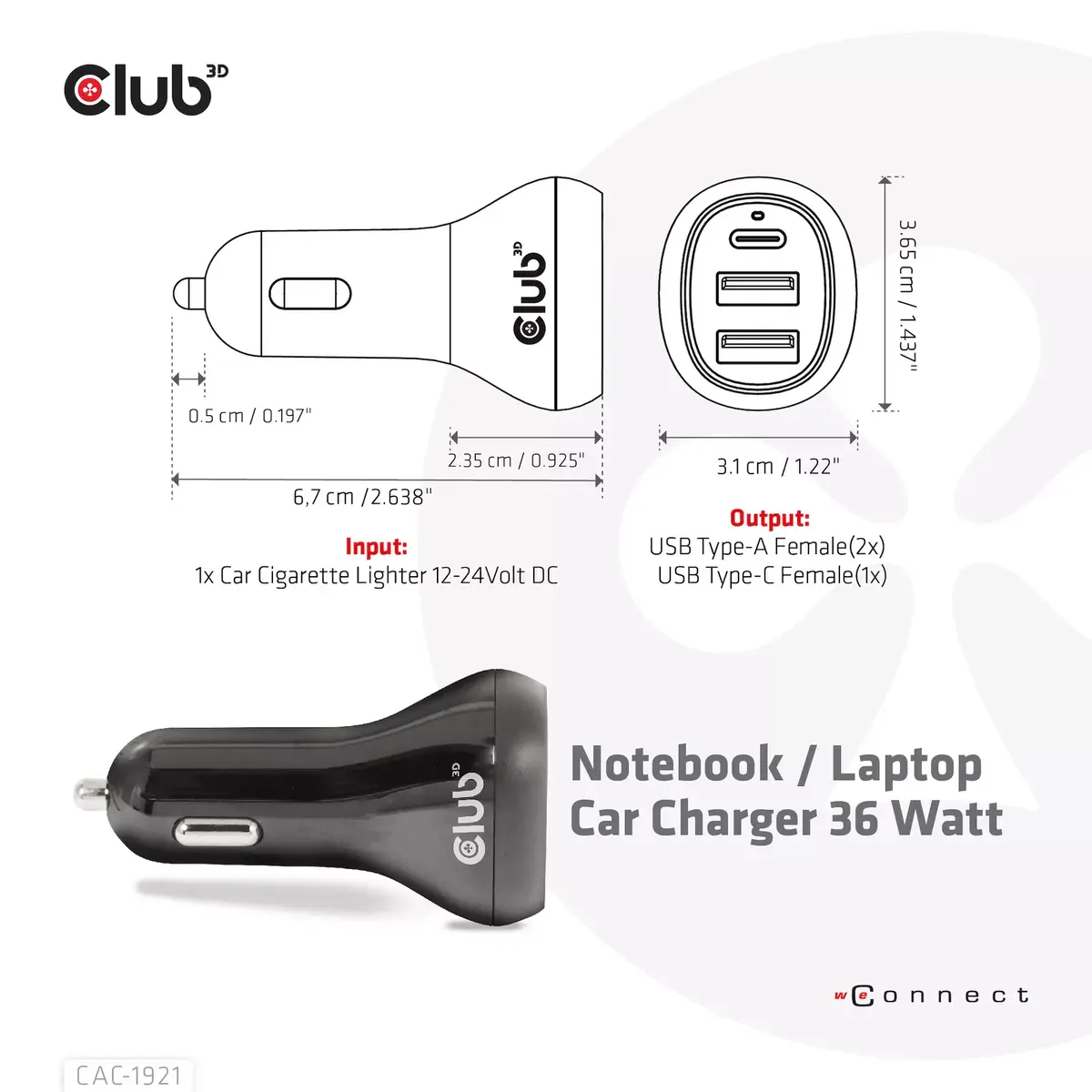 Notebook Car Charger CLUB3D CAC-1921 36W Photo 3