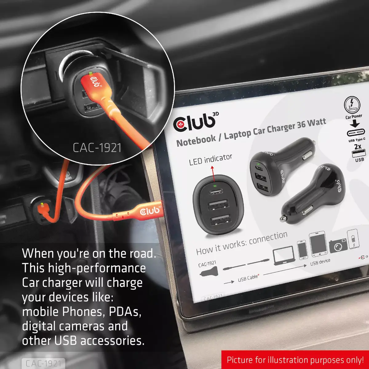 Notebook Car Charger CLUB3D CAC-1921 36W Photo 4