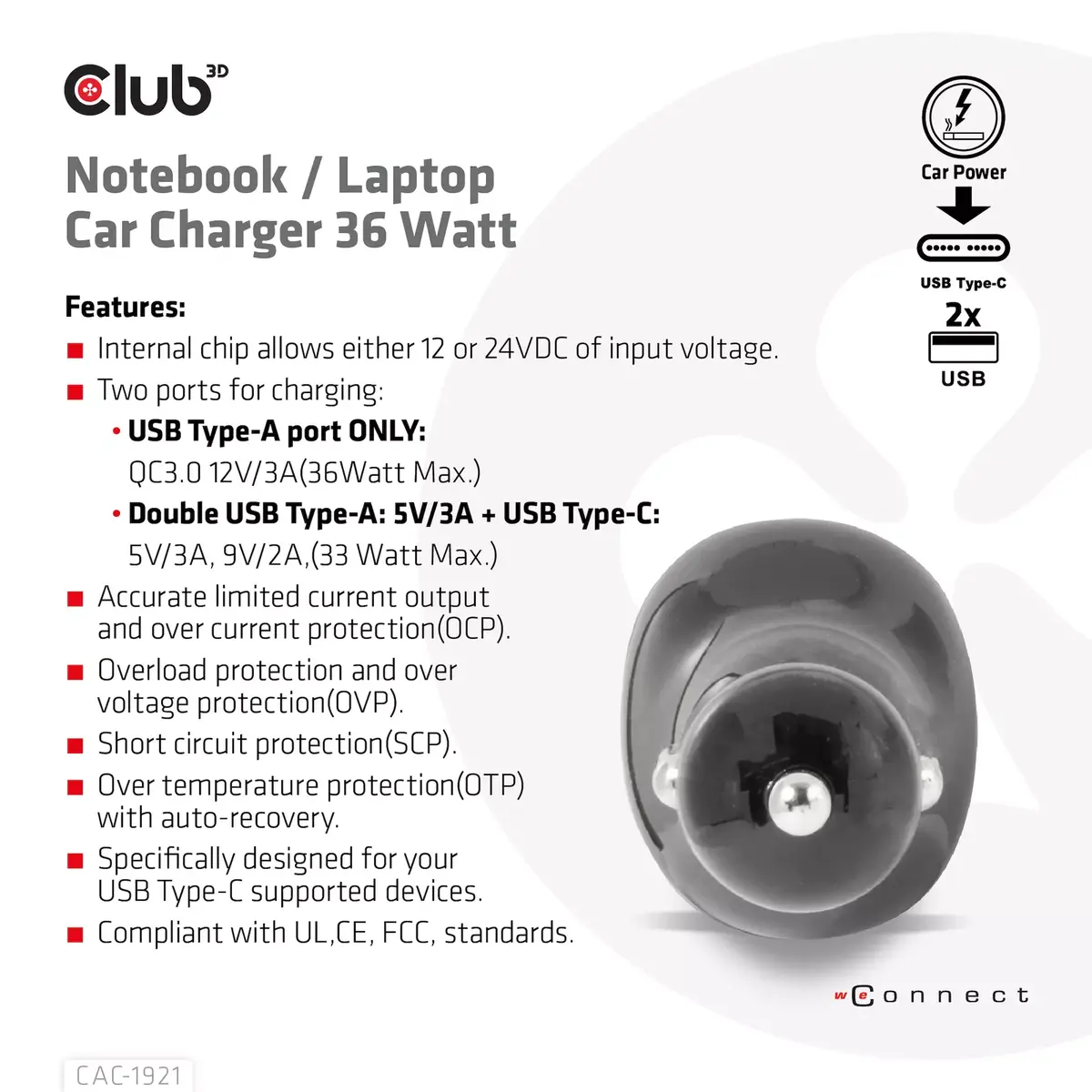 Notebook Car Charger CLUB3D CAC-1921 36W Photo 7