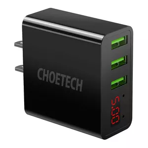 Sienas lādētājs Choetech C0026, ASV kontaktdakša, 3x USB-C ar digitālo displeju 15 W (melns)