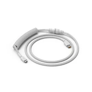 USB 2.0 cable GLORIOUS GLO-CBL-COIL-WHITE — USB-C to USB-A with 5‑pin aviator, 1.37 m total (coiled section), double‑braided, white