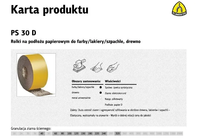 KLINGSPOR PS30 dzeltena smilšpapīra rullis graudainība