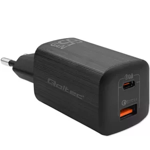 Iekštelpu AC lādētājs QOLTEC 50766 — 65 W, USB-C PD 3.0 + USB-A, Type-C (Europlug), melns