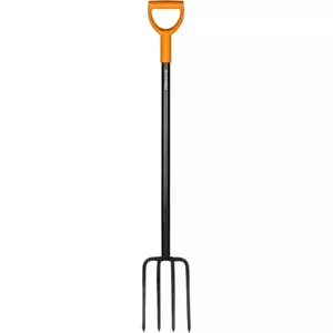 Dārza dakša Fiskars 1003458 — tērauda zobi, gara kāta dārza augsnes apstrādei un kompostēšanai
