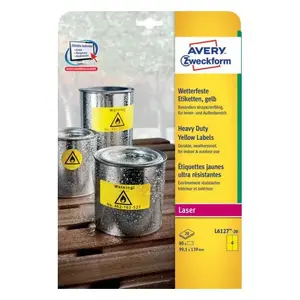 Pašlīmējošas etiķetes Avery Zweckform L6127-20 — Apaļoti taisnstūra, Pastāvīgā līme, Dzeltenas, 80 gab. (20 loksnes, 4 uz loksnes)