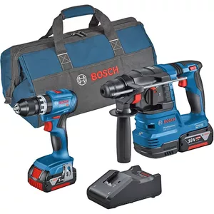Bosch Professional akumulatora instrumentu komplekts: triecienurbjmašīna GSB 18V-45 un perforators GBH 18V-22, 2x 4.0Ah akumulatori, soma