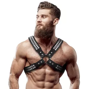 Гарнитур FETISH SUBMISSIVE ATTITUDE D-235865 из эко-кожи, перекрещенная грудная часть с заклепками