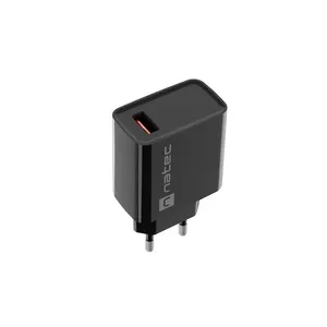 NATEC AC fast charging indoor wired charger Ribera — 18W (5–15V, up to 3A), 1× USB-A, Huawei FCP/SCP, black