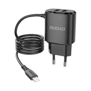 Dudao EU wall charger with 2x USB and built-in 12W Lightning cable 1m Black