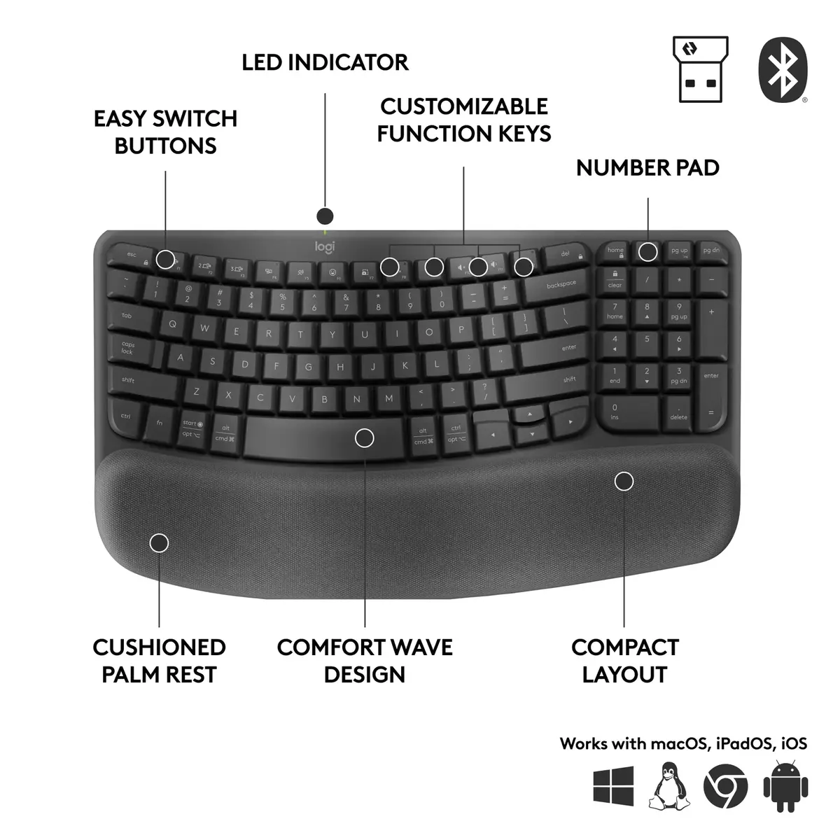 Logitech Wave Keys biznesa ergonomiskā tastatūra Photo 6