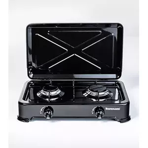 Gas hob Ravanson K-02TB, 2 zones, rotary control, G30 (LPG), 3.71 kW, metal grate, black