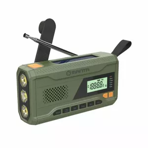 Portable FM radio MANTA RDI401G with solar panel, dynamo crank, 4000–4500mAh battery, 5V USB output, 3W, flashlight
