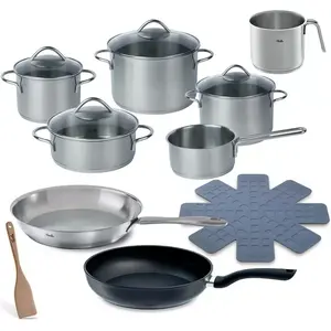 Trauku komplekts Fissler Vienna 11 gab. — nerūsējošais tērauds, piemērots indukcijai; katli Ø16/20/24 cm, cepšanas katls Ø20 cm, mērcu katliņš Ø16 cm, panna Ø28 cm