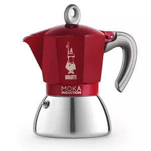 Stovetop espresso maker Bialetti Moka Induktion 0.28 L — stainless steel boiler, aluminium upper chamber, induction-compatible, red