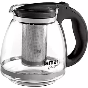 Glass teapot LAMART LT7027 with stainless steel infuser and plastic lid, 1.5 L, transparent/black, 13 cm height