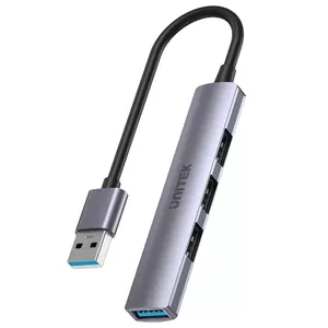 USB-хаб Unitek H1208A — 4 порта (1 × USB 3.2 Gen 1 Type-A, 3 × USB 2.0), алюминиевый корпус, серый, кабель 0,20 м