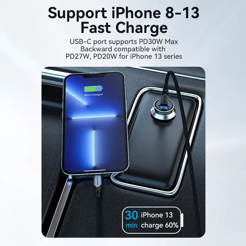 Auto lādētājs Vention Two-Port USB A+C(18/20) Photo 6