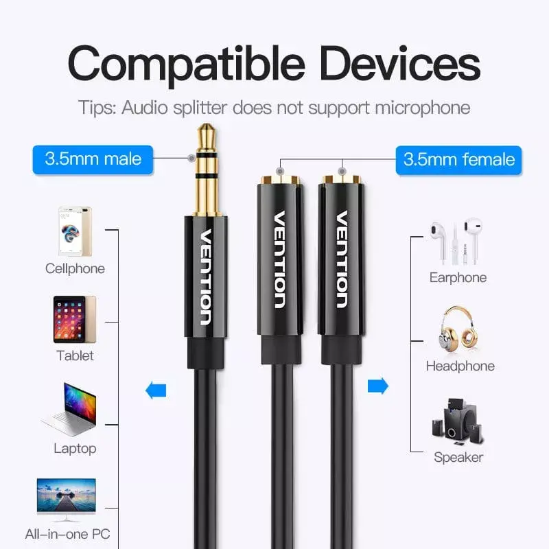 Vention 3.5mm Male to 2*3.5mm Female Stereo Splitter Cable Photo 6