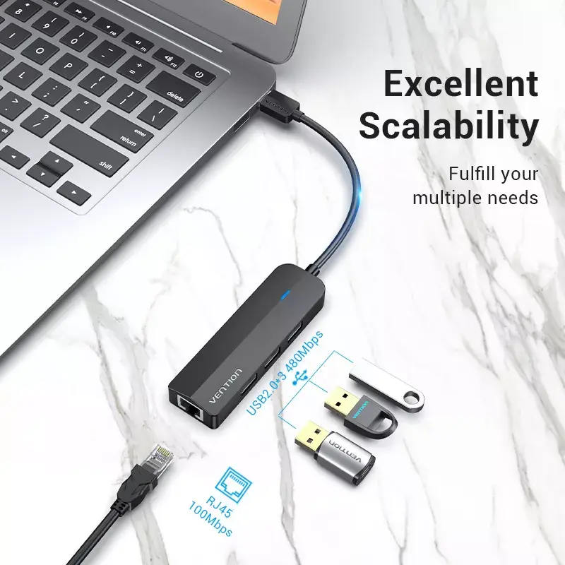Vention USB 2.0 3‑vietu hubs ar 100M Ethernet Photo 3