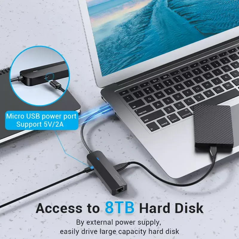 Vention USB 2.0 3‑vietu hubs ar 100M Ethernet Photo 4