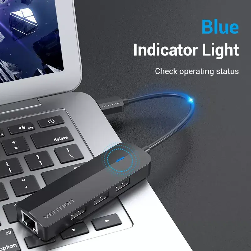 Vention USB 2.0 3‑vietu hubs ar 100M Ethernet Photo 13