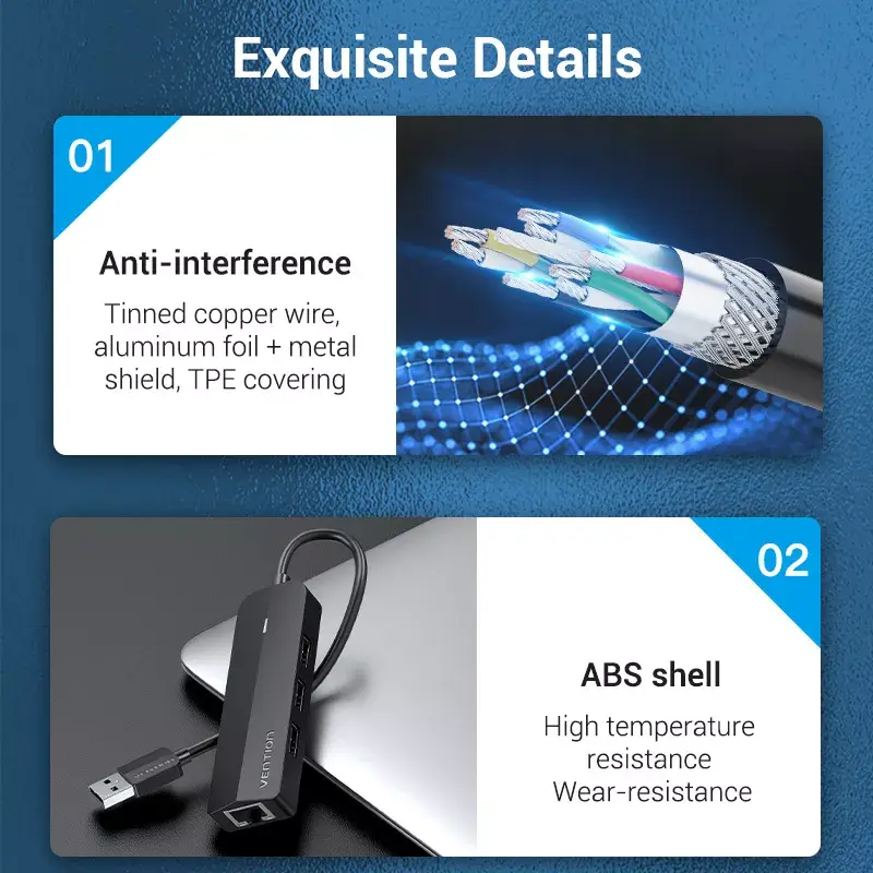 Vention USB 2.0 3‑vietu hubs ar 100M Ethernet Photo 14