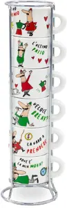 Espresso cup set Bialetti L'Omino Italiano multicolour, porcelain, 6 pcs, metal holder