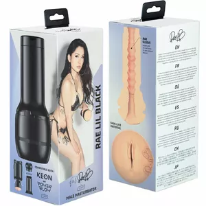 Masturbators Kiiroo Feel Rae Lil Black — silikona uzlikta 22×8.4 cm, iegrimes dziļums 21.5 cm, iekš. Ø 1.5 cm
