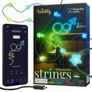 Dekoratīvas Twinkly Candies 200 zvaigžņu LED gaismiņas uz zaļas vadiņa, USB-C barošana