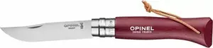 Pocket knife Opinel Colorama 08 — wooden handle, burgundy leather strap, stainless steel blade