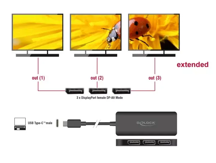 DeLOCK USB Type-C сплиттер DP Alt Mode на 3 x DisplayPort MST Photo 2
