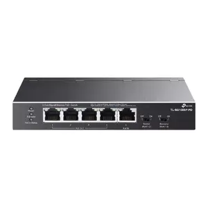 Network switch TP‑Link TL‑SG1005P‑PD, 5‑port Gigabit (5x PoE, 66 W budget), fanless, wall‑mountable