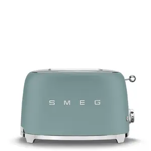 Smeg TSF01EGMEU 2-slice toaster with 950 W power, stainless steel housing, defrost function, and electronic browning control in green