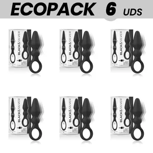 Анальная пробка black&silver ECOPACK 6 шт — силикон, чёрно‑серебристая