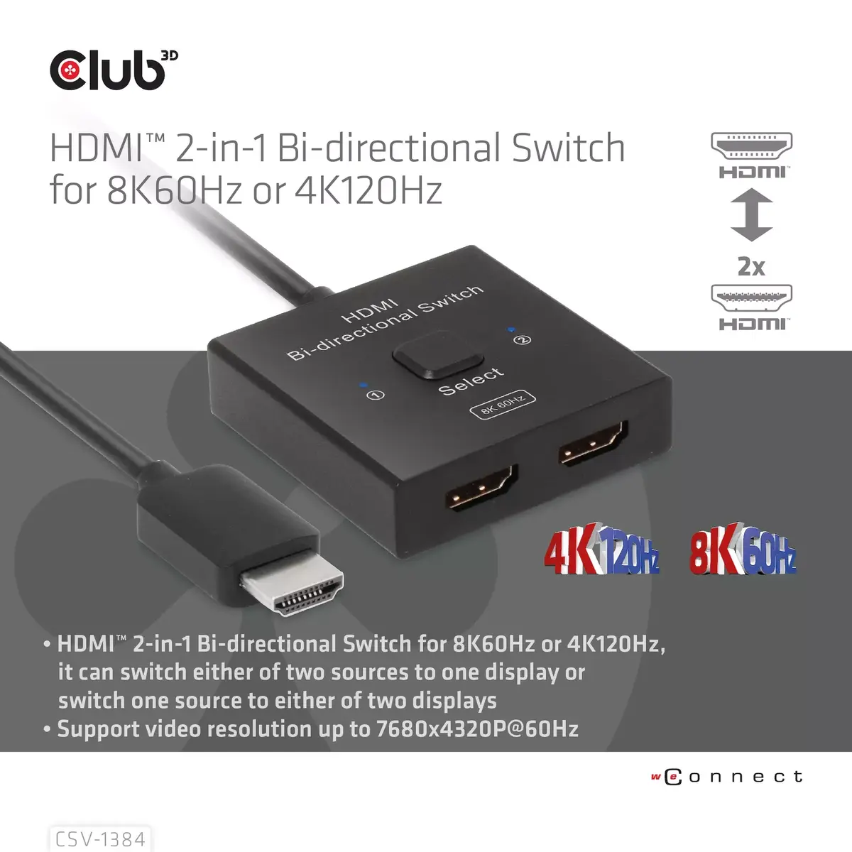 CLUB3D HDMI 2-в-1 Двунаправленный переключатель CSV-1384 Photo 6