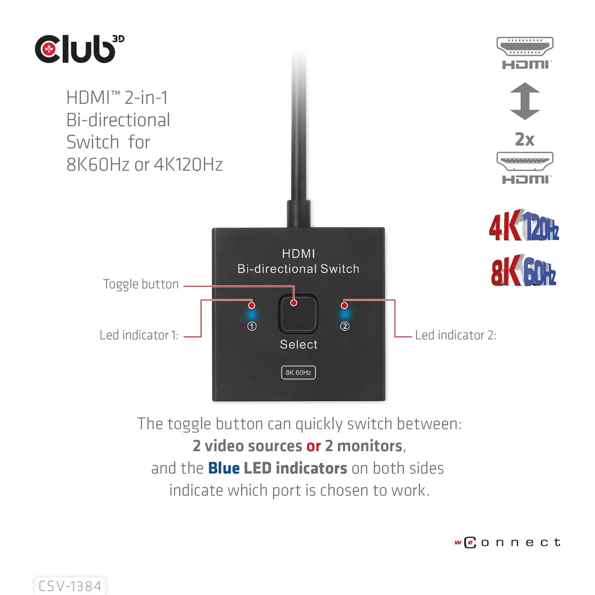 CLUB3D HDMI 2-в-1 Двунаправленный переключатель CSV-1384 Photo 9