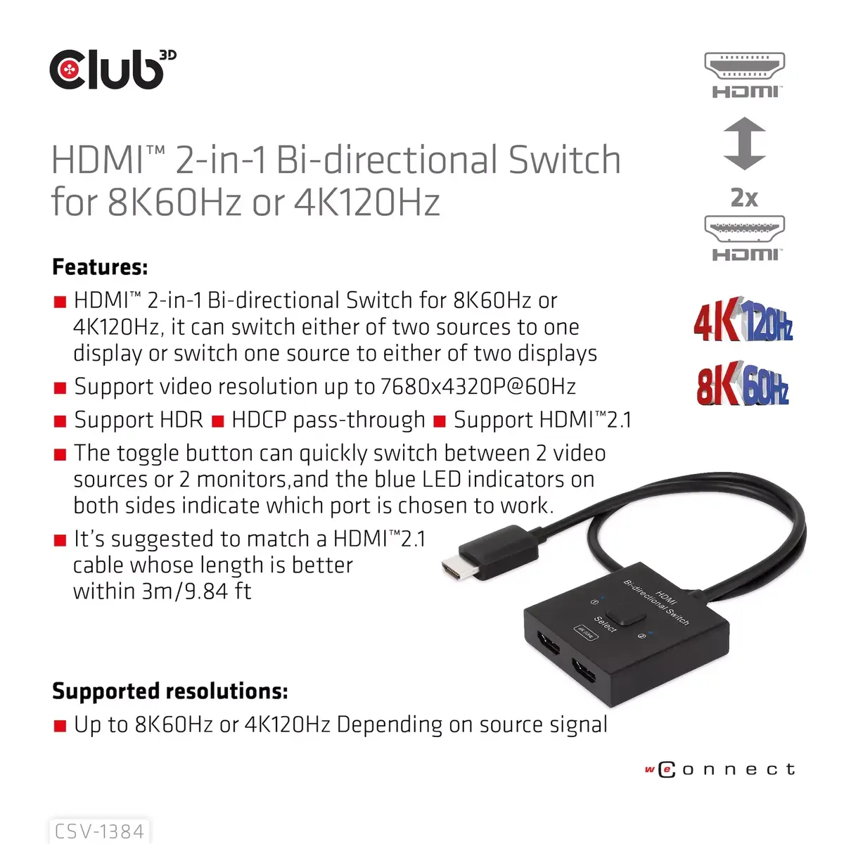 CLUB3D HDMI 2-в-1 Двунаправленный переключатель CSV-1384 Photo 10