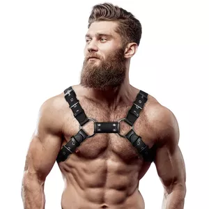 Панцирный нагрудник FETISH SUBMISSIVE ATTITUDE D-235871 регулируемый из эко-кожи, единый размер, металлические кольца